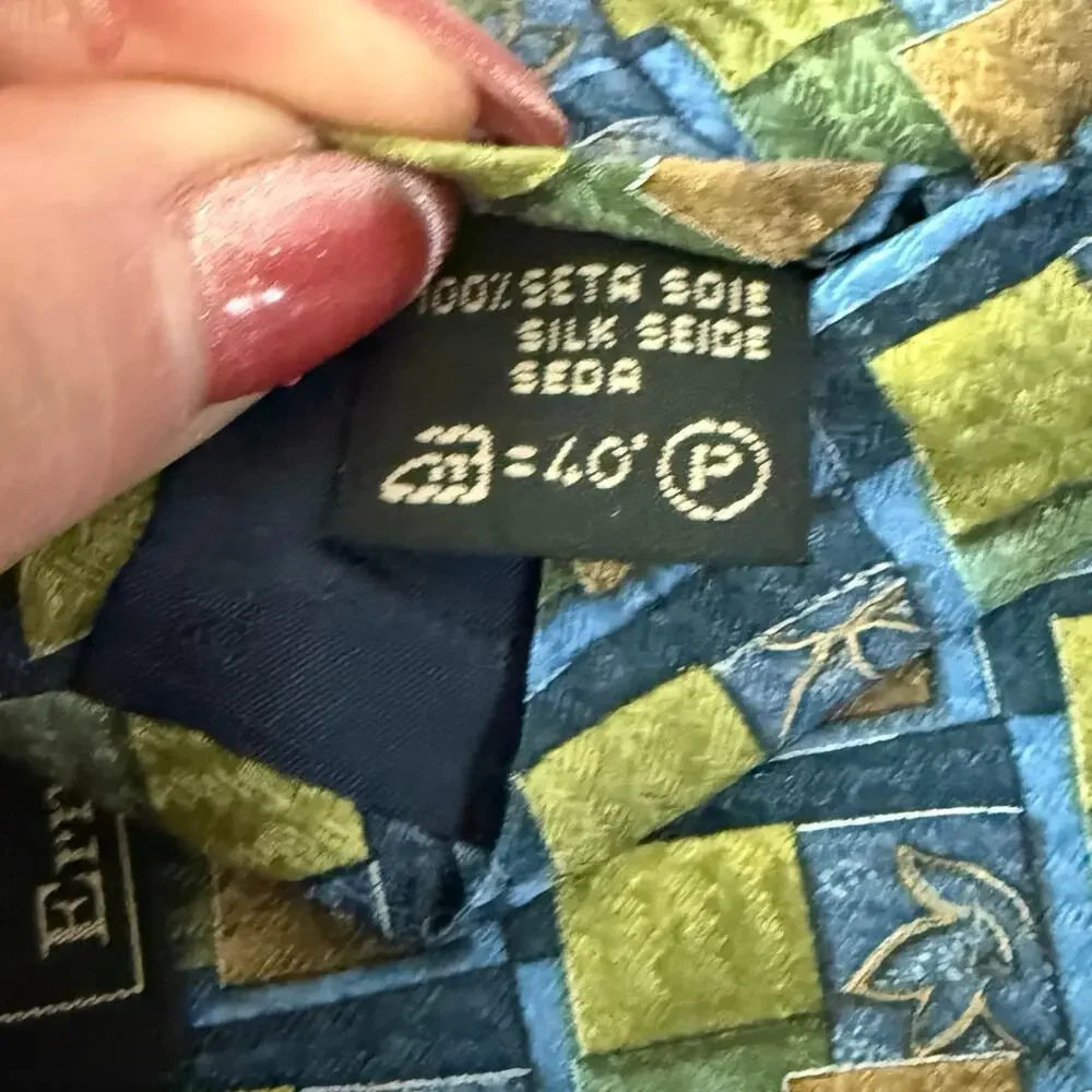 Vintage 90s Ermenegildo Zegna Blue Green Tan Squares 100% Silk Necktie Tie